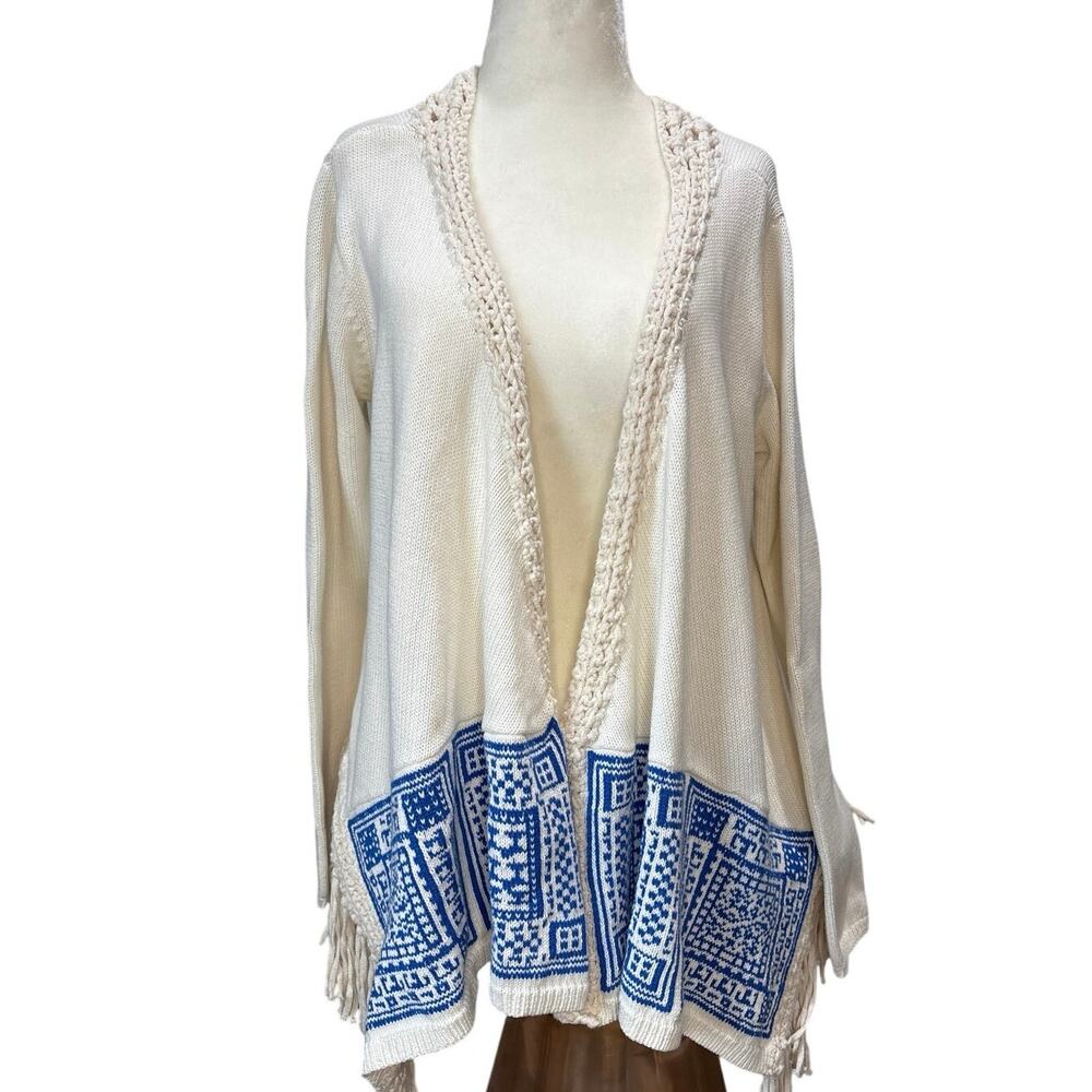 Anthropologie Kaisley Crochet And Fringe Cotton Blend Cardigan Sweater Sz Large